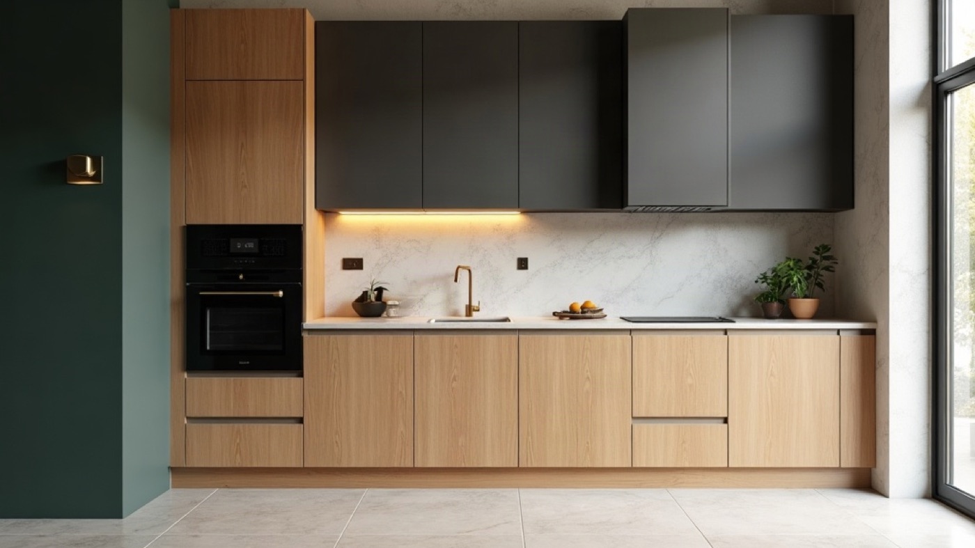 Oak kitchen wall with a black-glass oven, induction cooktop, and hood