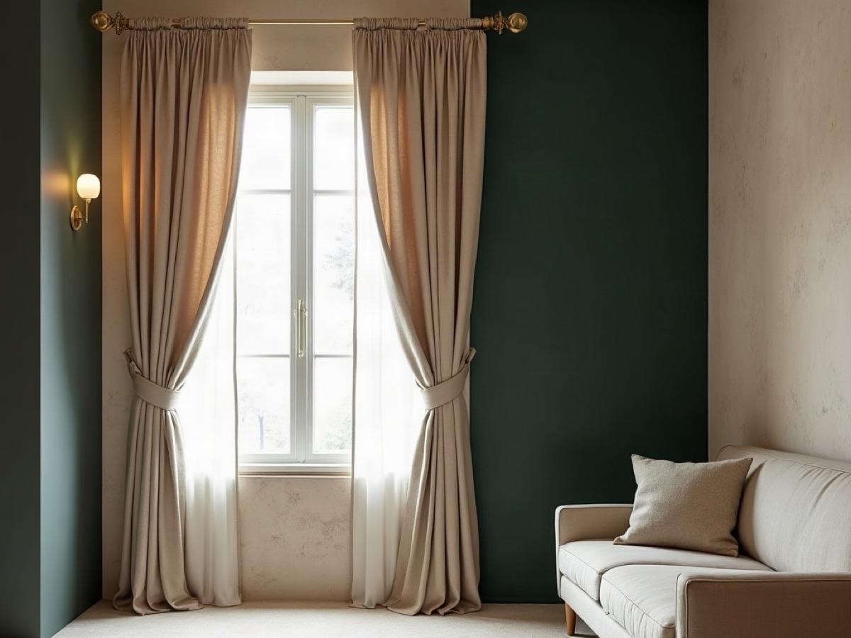 Beige linen drapery beside an emerald sheer, with matte gold curtain hardware