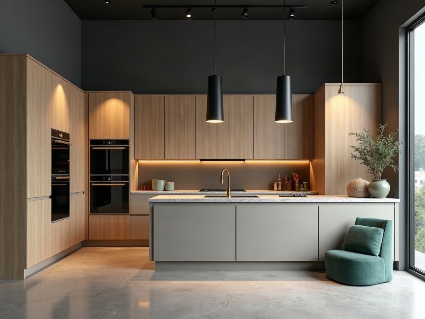 Showroom kitchen with flat oak cabinets, a pale stone worktop, and built-in appliances