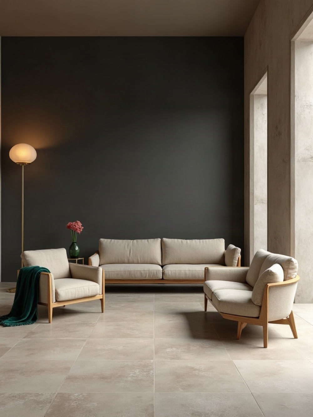 Showroom hall of beige sofas and an oak armchair on a limestone floor