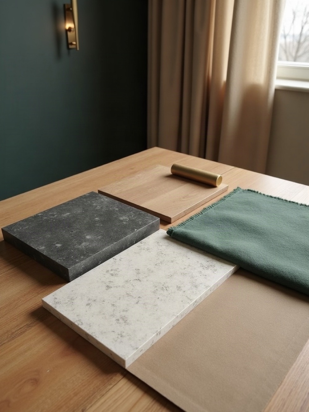 Oak, limestone, graphite stone, linen, emerald wool, and a matte gold handle arranged on a table
